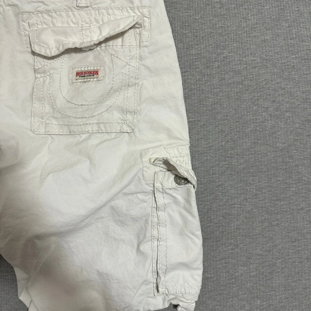 Y2K True Religion Cargo Shorts Mens Size 38 White Contrast Stitch Buddha Logos